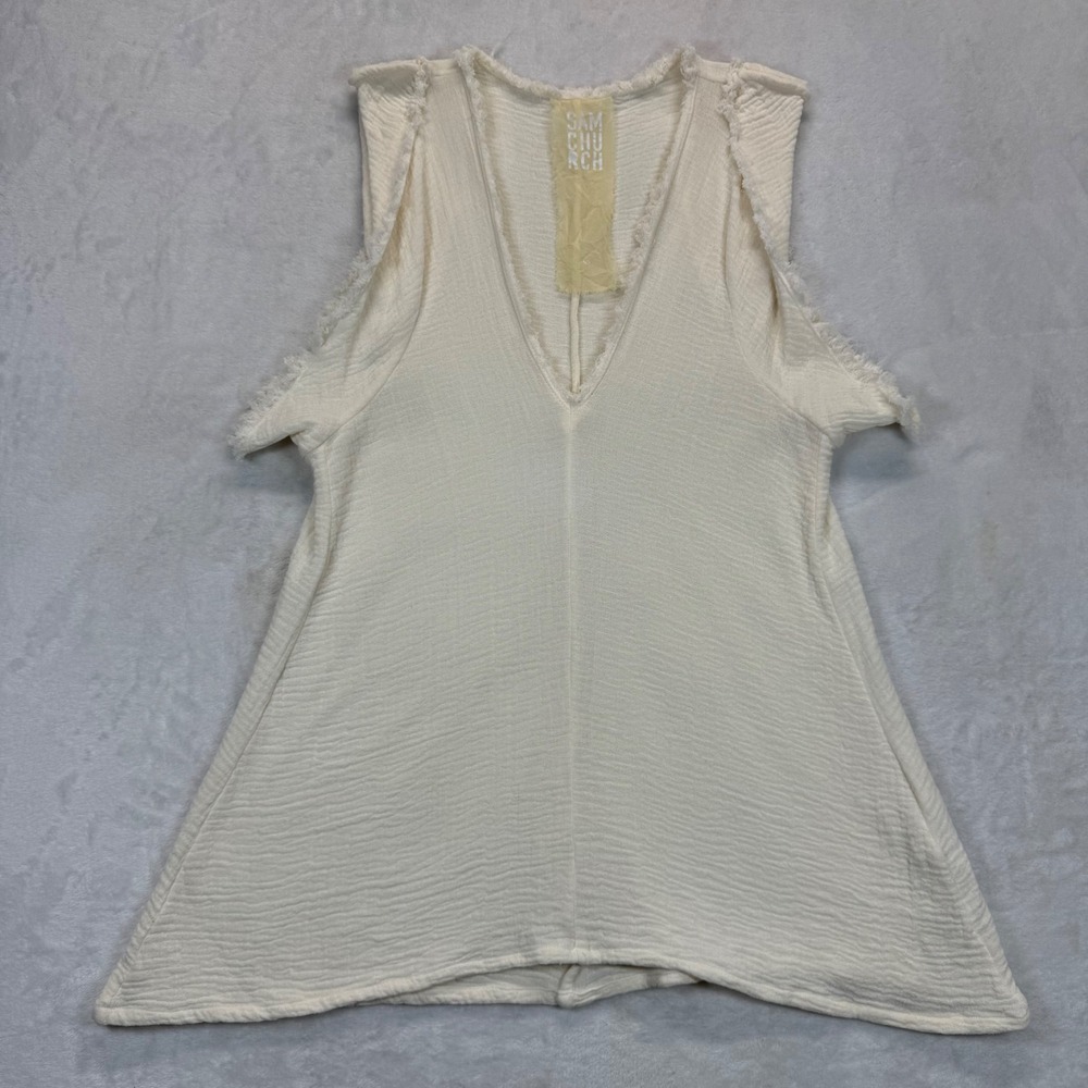 Sam Church Gauze Sleeveless Top Frayed Edges V-Neck Cotton Textured Cream SS
